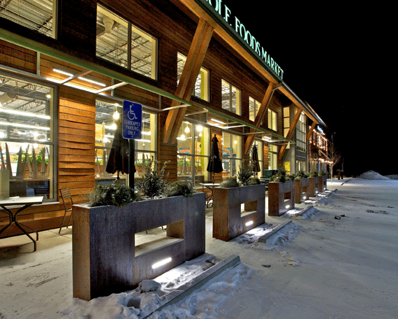 Metal Planters used as a parking lot barrier for a Whole Foods market grocery store