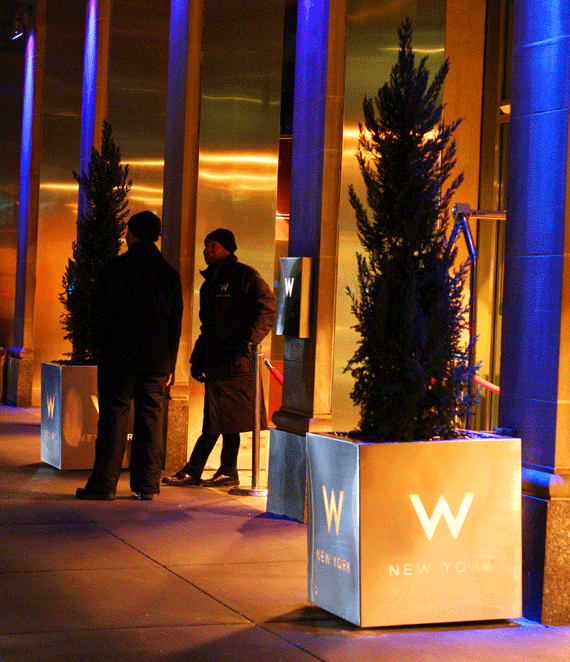 nightime view of branded stainless steel planters in front of the W Hotel