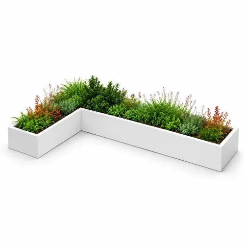 Fŭse 7100 modular white metal planters with mixed plantings