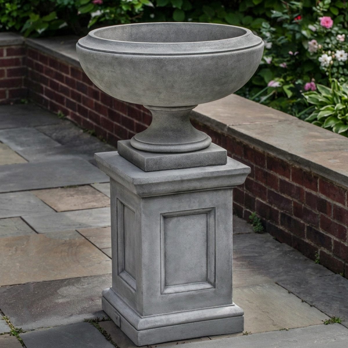Jensen urn small w/ barnett pedestal in cast stone with classic urn shape and raised square base
