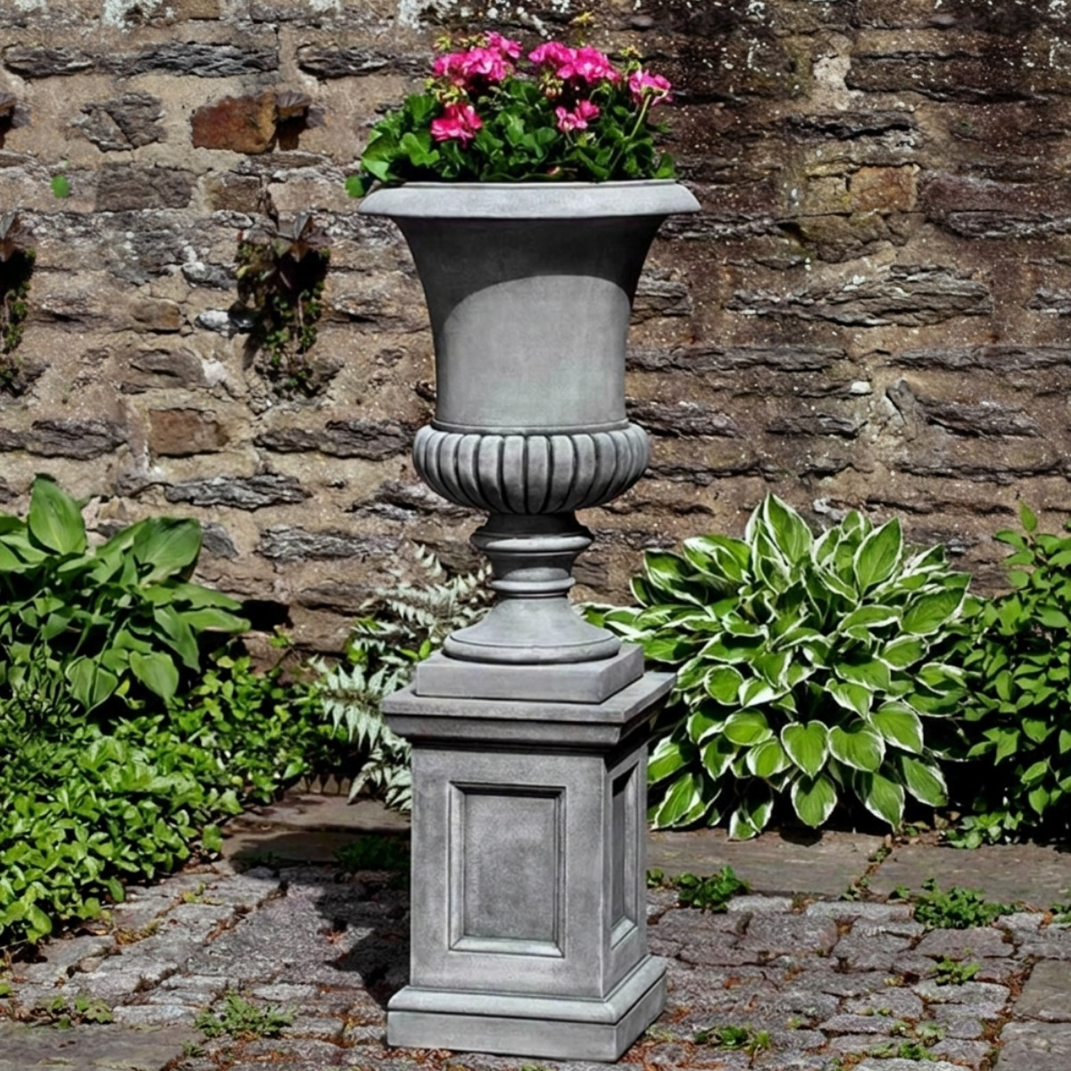 Campania international kent urn with barnett pedestal showing barnett pedestal urn for outdoor garden planting