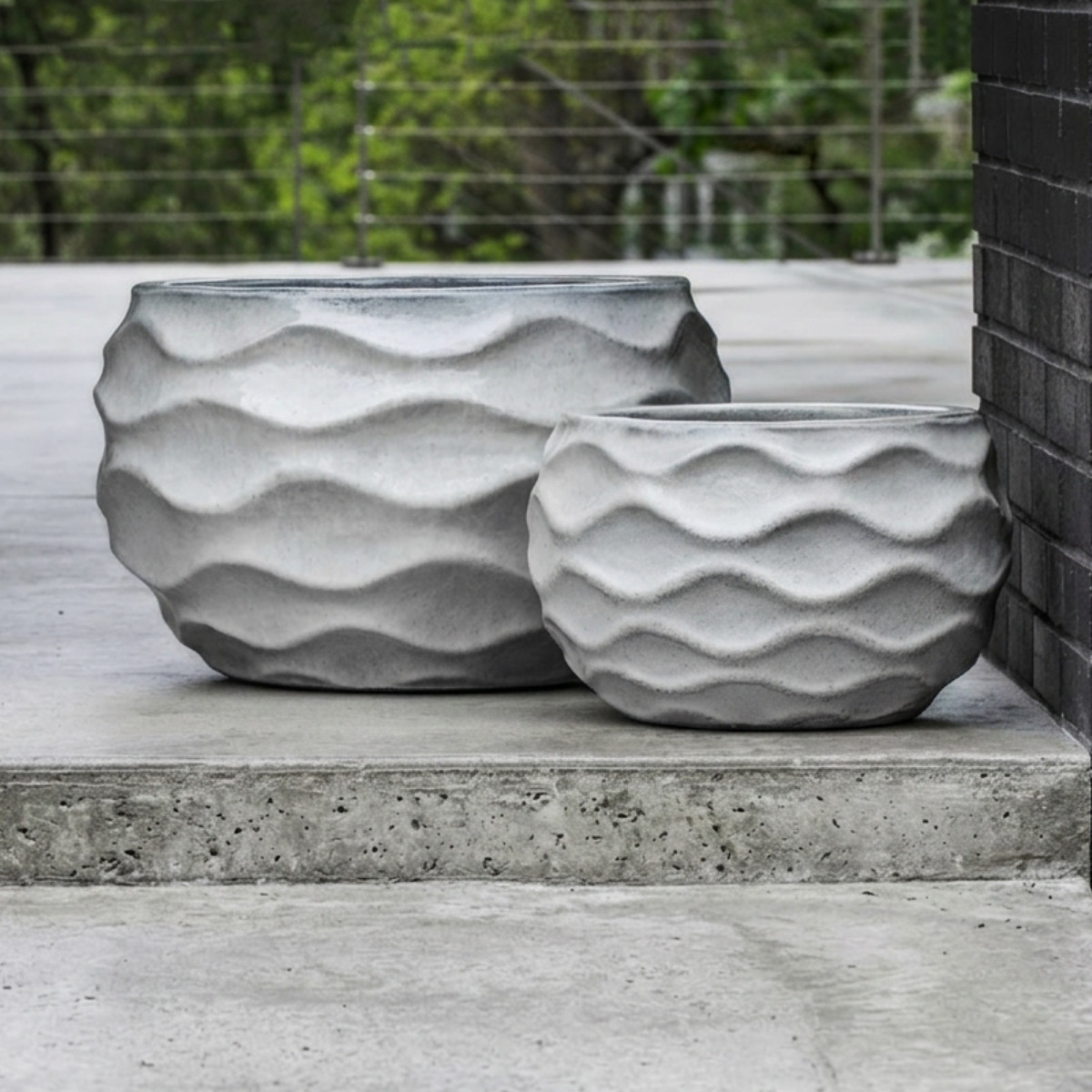 Campania international low rumba planters showing low rounded planters for outdoor garden planting