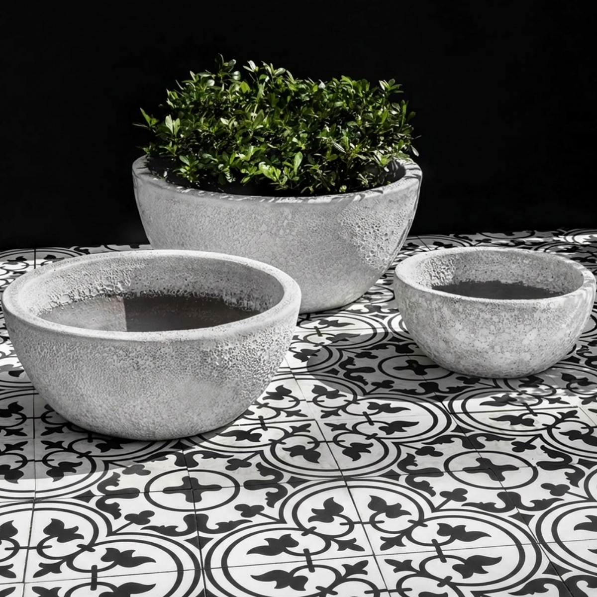 Mira bowl planters in textured white terracotta with three shallow rounded bowl forms
