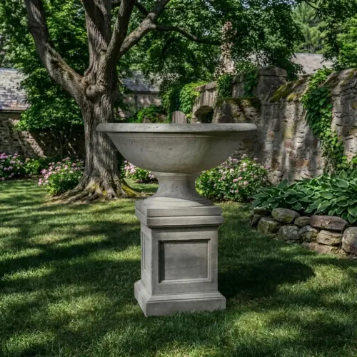 Monteros urn w/ st. Louis pedestal by campania international in cast stone, shown as an urn planter