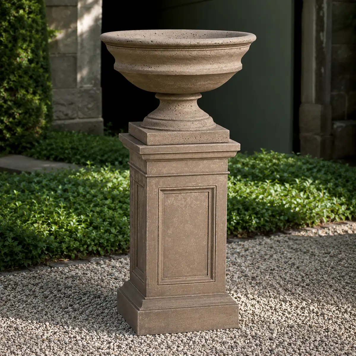 Newberry urn with pedestal in brownstone
