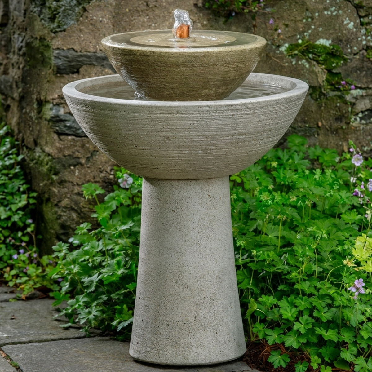 Ojai fountain, tall with stacked cast stone bowls and slim pedestal base by campania international