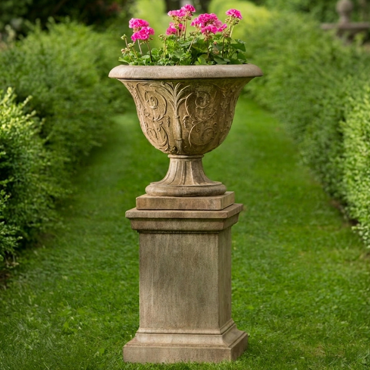 Campania international palais arabesque urn with pedestal showing arabesque garden urn for outdoor garden planting