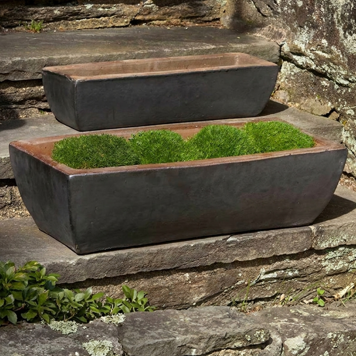 Campania international rustic trough planter showing linear rectangular shape in terracotta for outdoor planting spaces