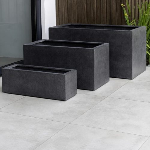 Sandal planters 18in high in fiberglass with long rectangular modern planter box forms