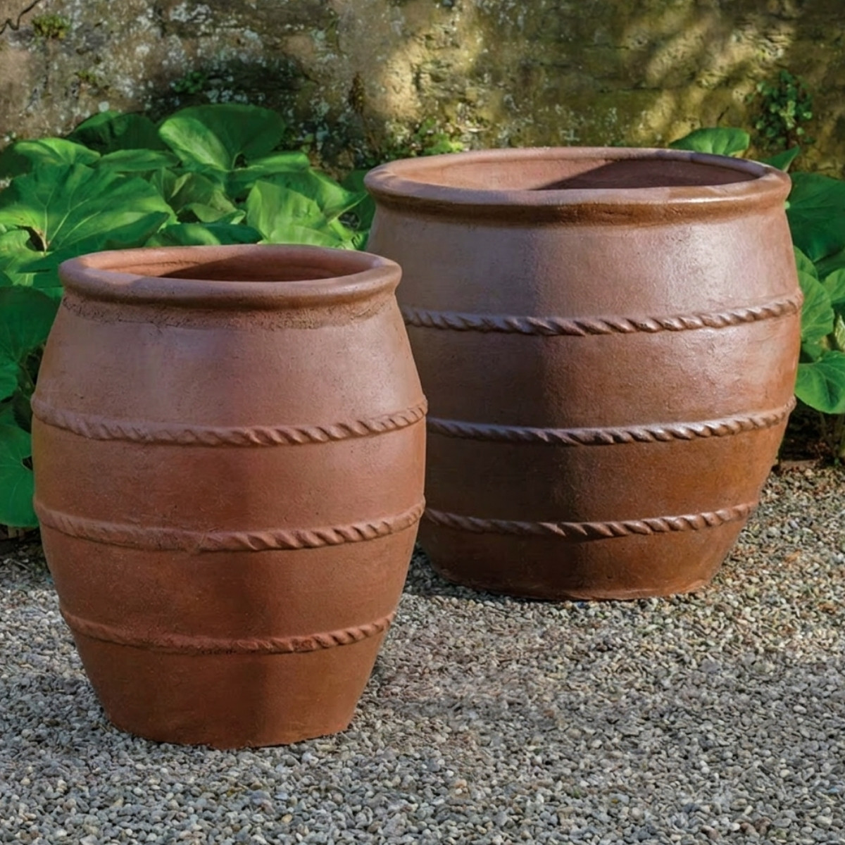 Tai planters set of two rustic terracotta round planters with horizontal rope pattern detail