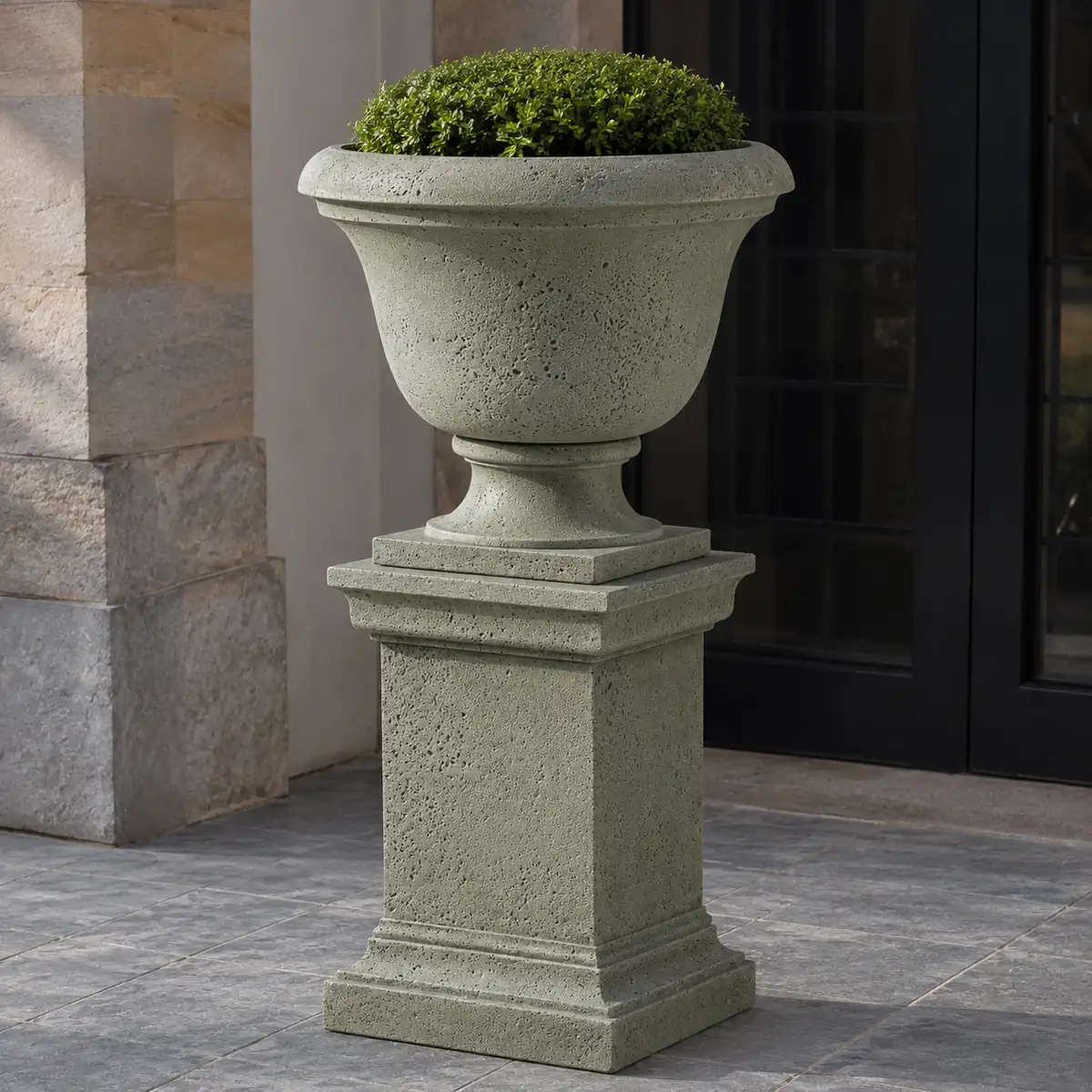 Textured greenwich urn on greenwich textured pedestal in alpine stone