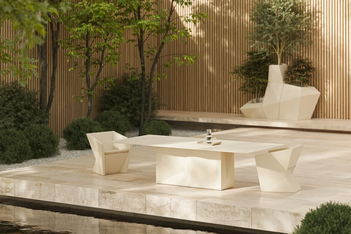 Vondom-Faz-Collection-Outdoor-Hospitality-Design Sculptural furniture outside in a nearby pool