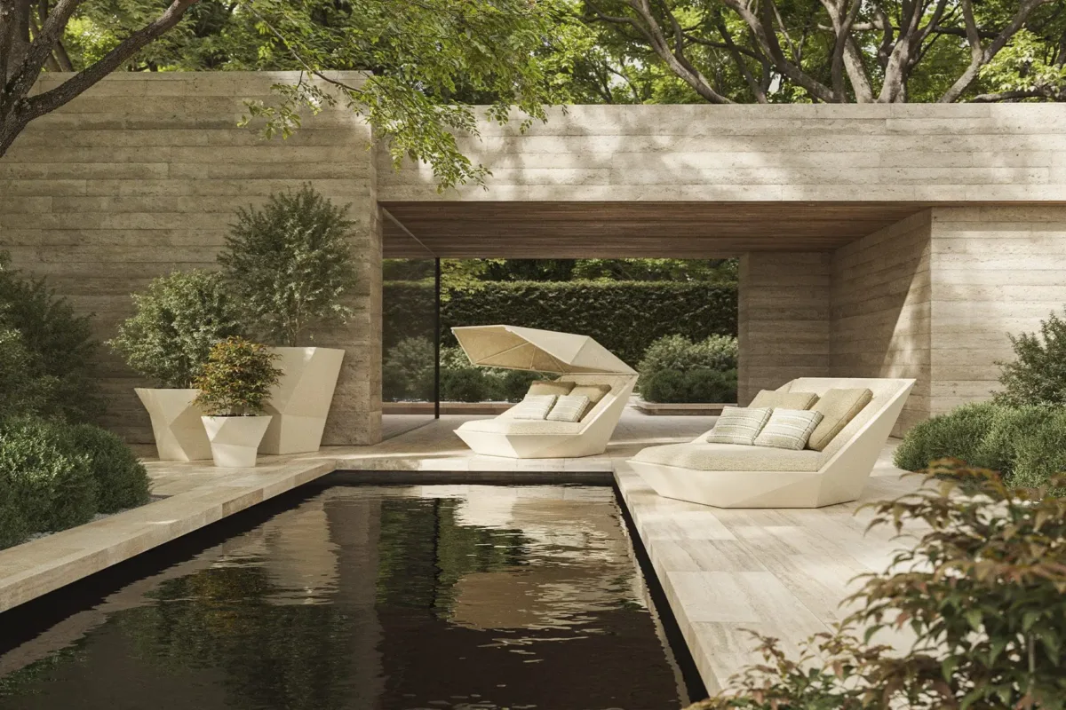 Vondom-Faz-Collection Faz collection daybed with parasol and angular sun loungers beside a minimalist pool
