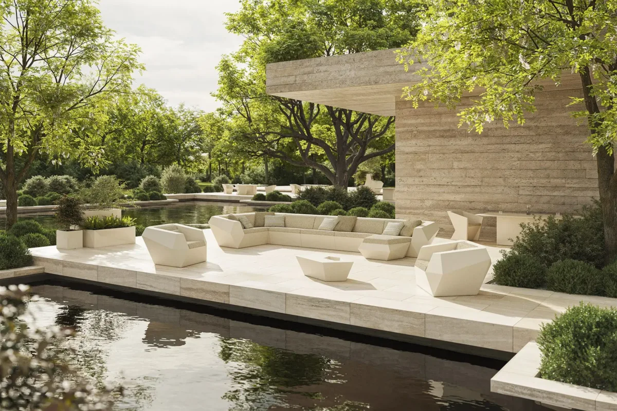Vondom-Faz-Lounge-Elements Modular faz outdoor lounge seating arranged along a contemporary poolside terrace