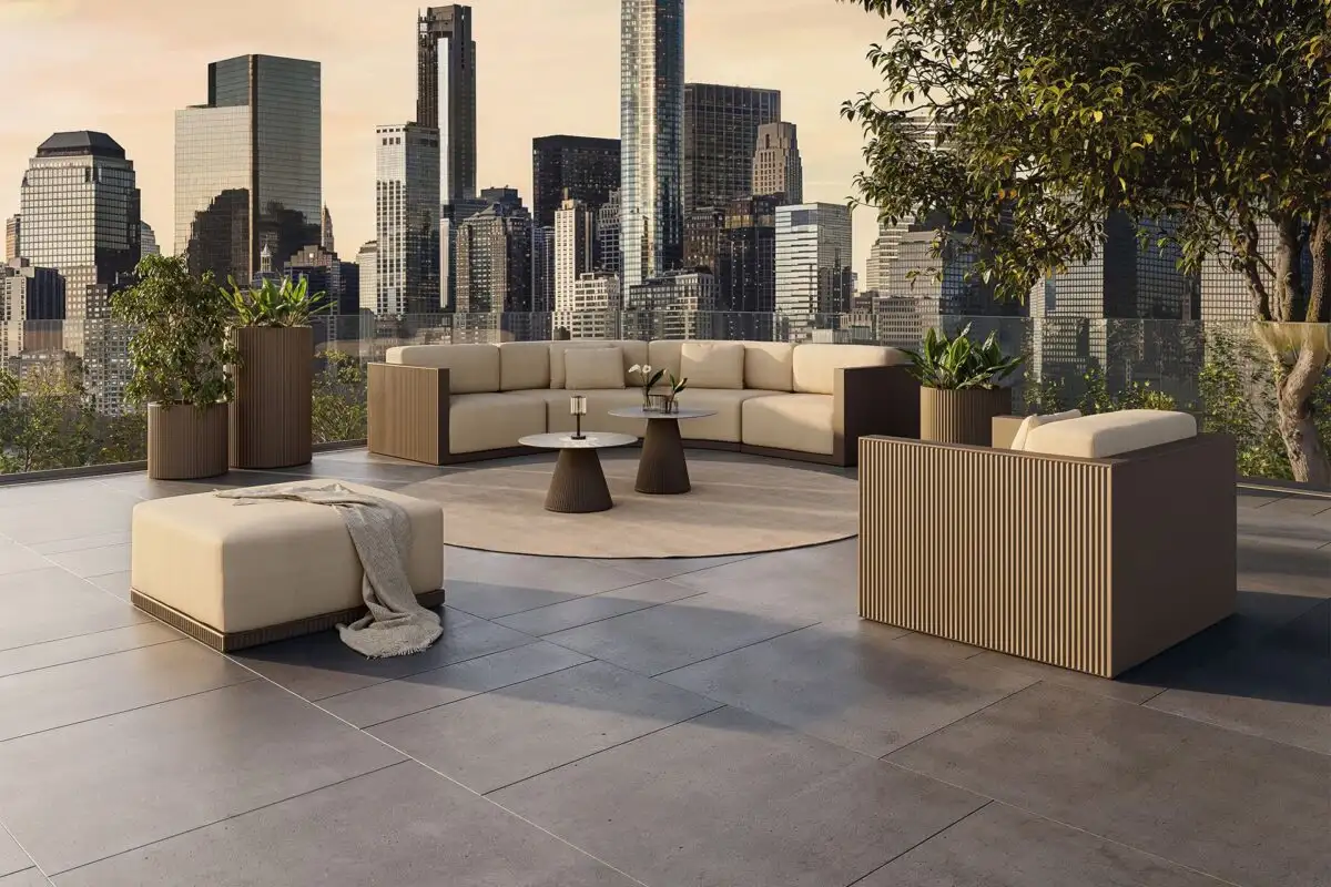 Vondom gatsby sofa series modular outdoor furniture with art deco ribbed design arranged in a modern patio lounge
