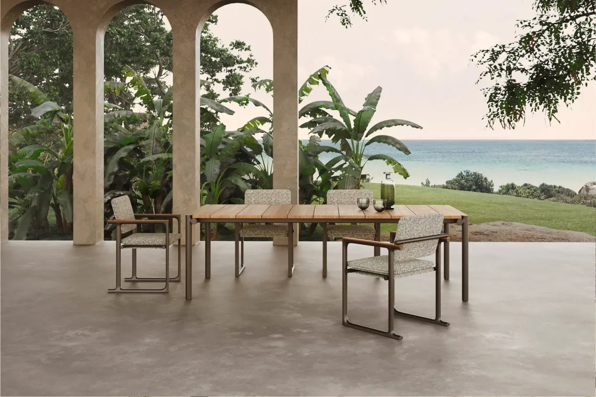 Vondom-Tulum-Dining-Table-Detail-01 Modern outdoor dining table and chairs with teak top and aluminum base overlooking the ocean