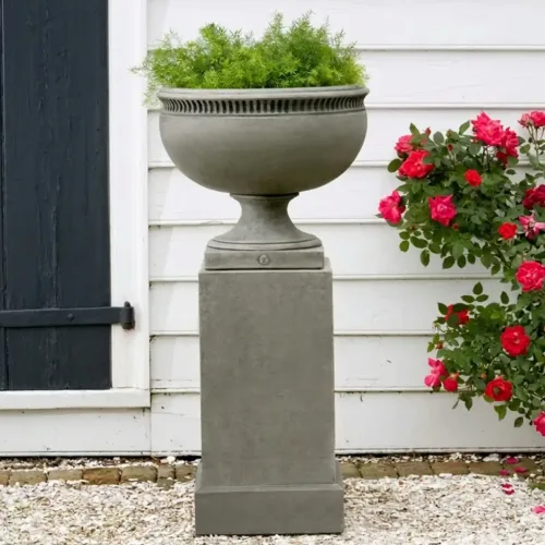 Williamsburg tayloe house urn w/ classic tall pedestal by campania international in cast stone, shown as an urn planter