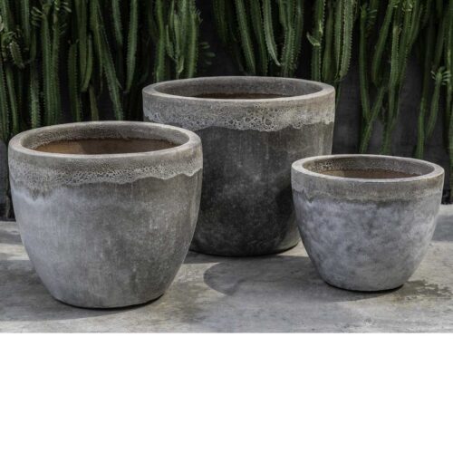 Marcel planters (terracotta in beachcomber grey mist glaze)