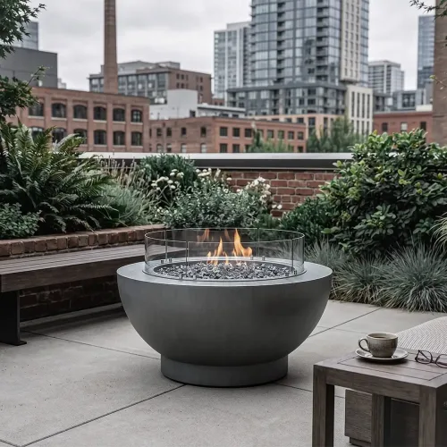 Natural gas fire bowl in oxidized zinc on a modern rooftop patio
