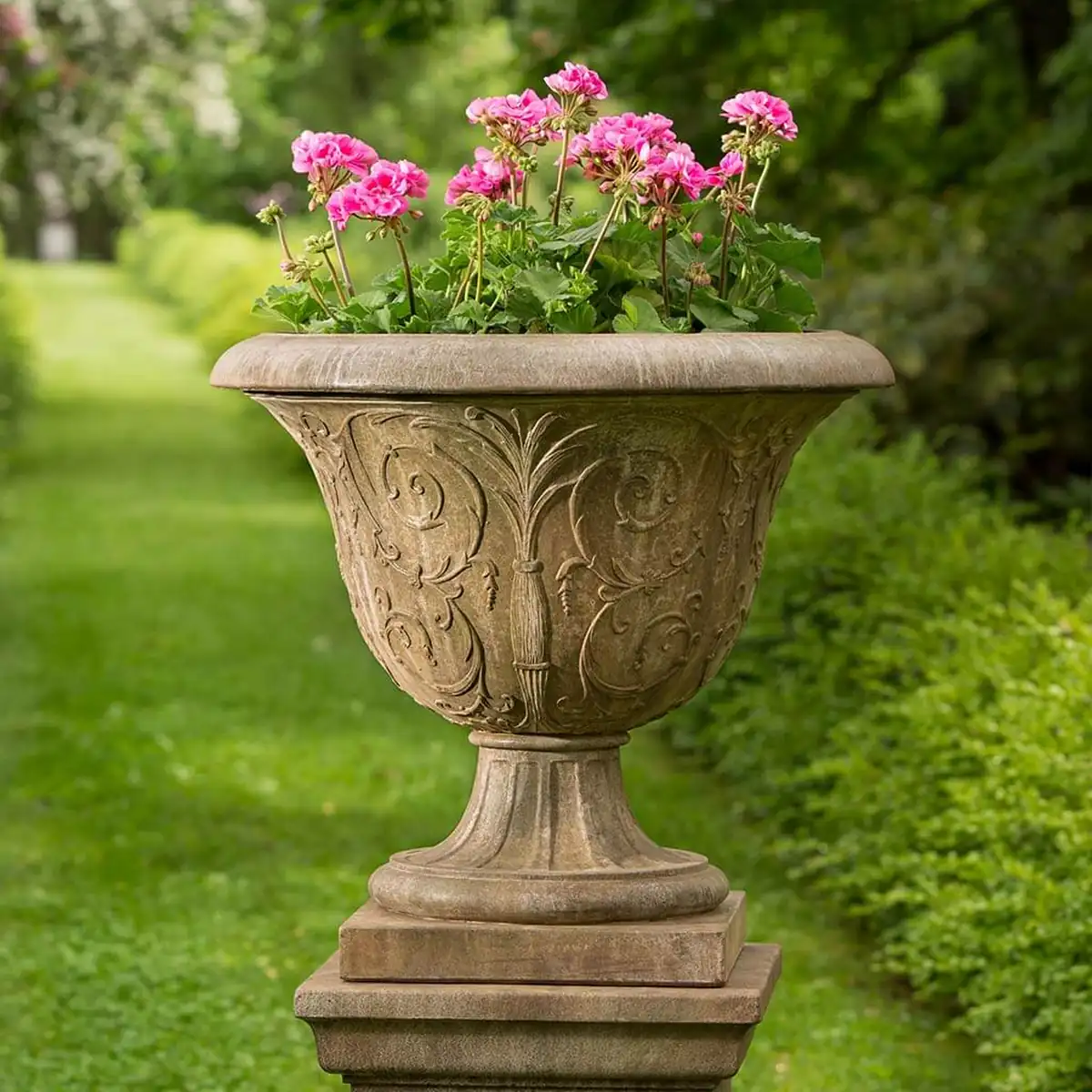 Palais arabesque cast stone urn planter in aged limestone