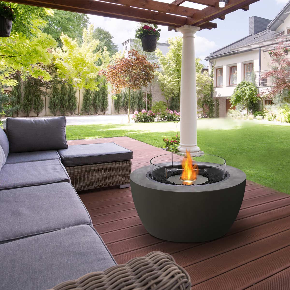 Pod 40 fire pit bowl in natural, stainless steel ethanol burner, optional glass screen