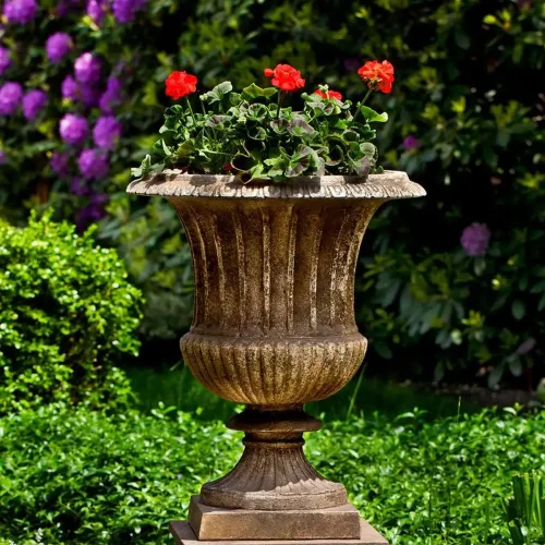 Smithsonian classical urn cast stone planter in aged limestone