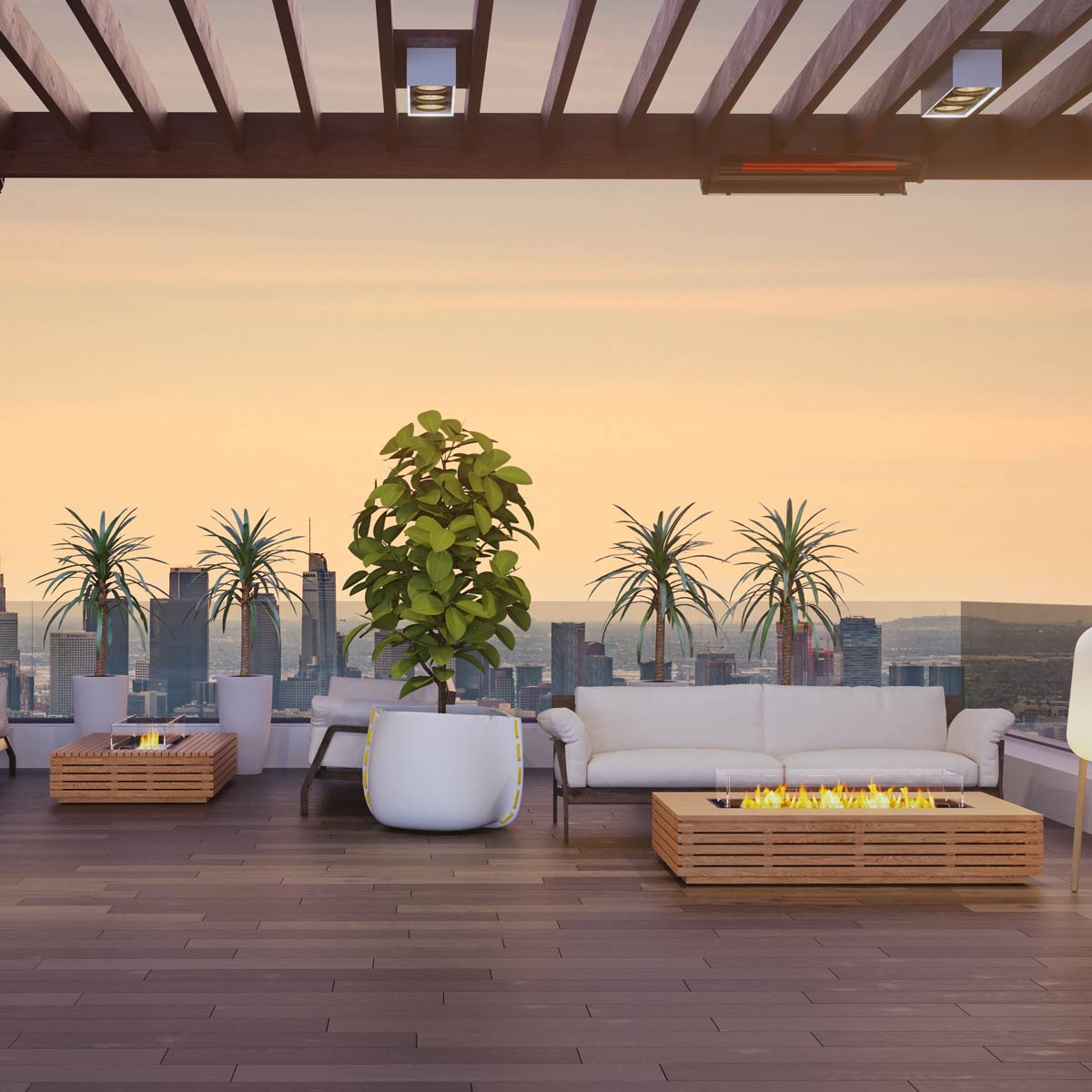 Outdoor fire feature on a modern rooftop terrace