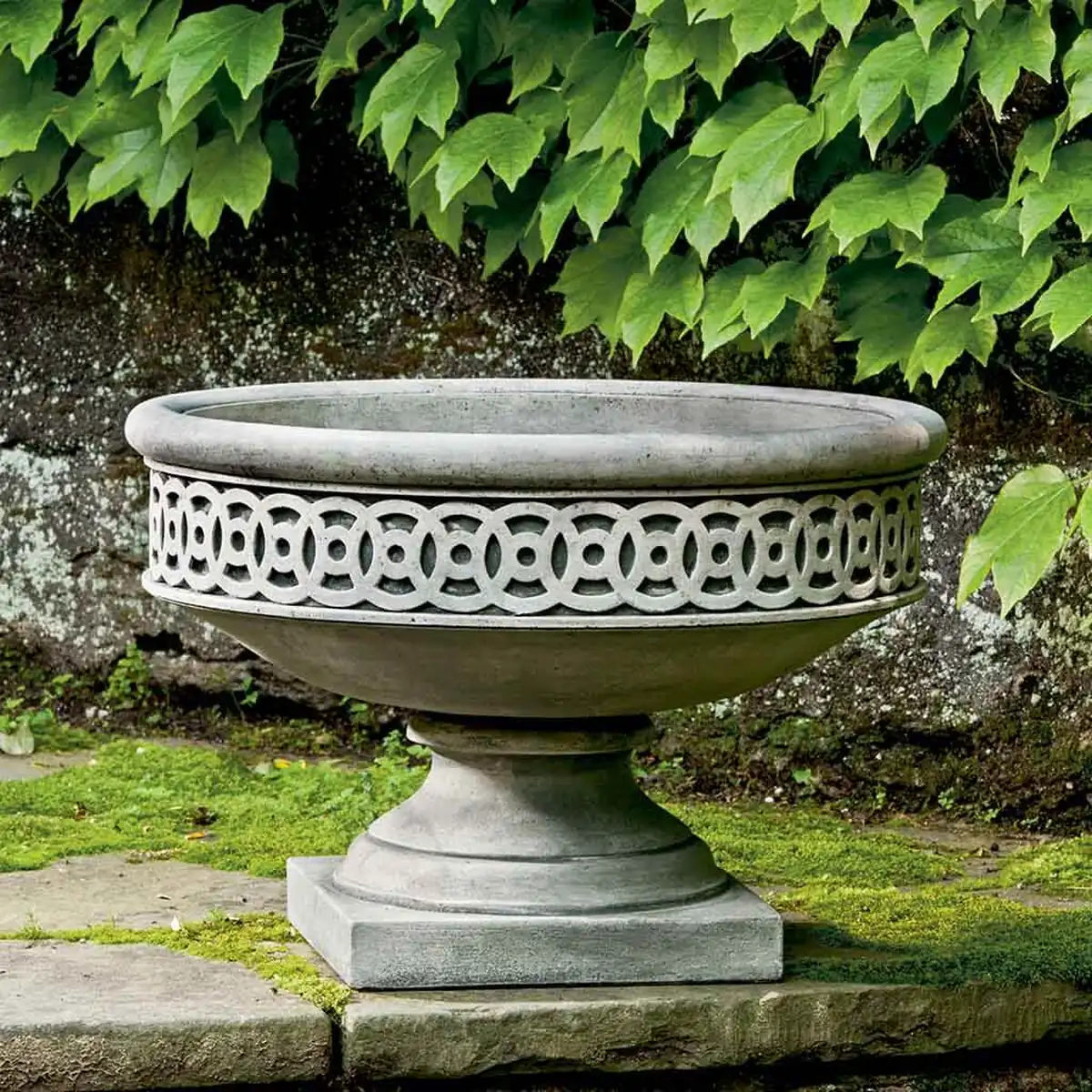 Williamsburg low fretwork cast stone urn planter in alpine stone