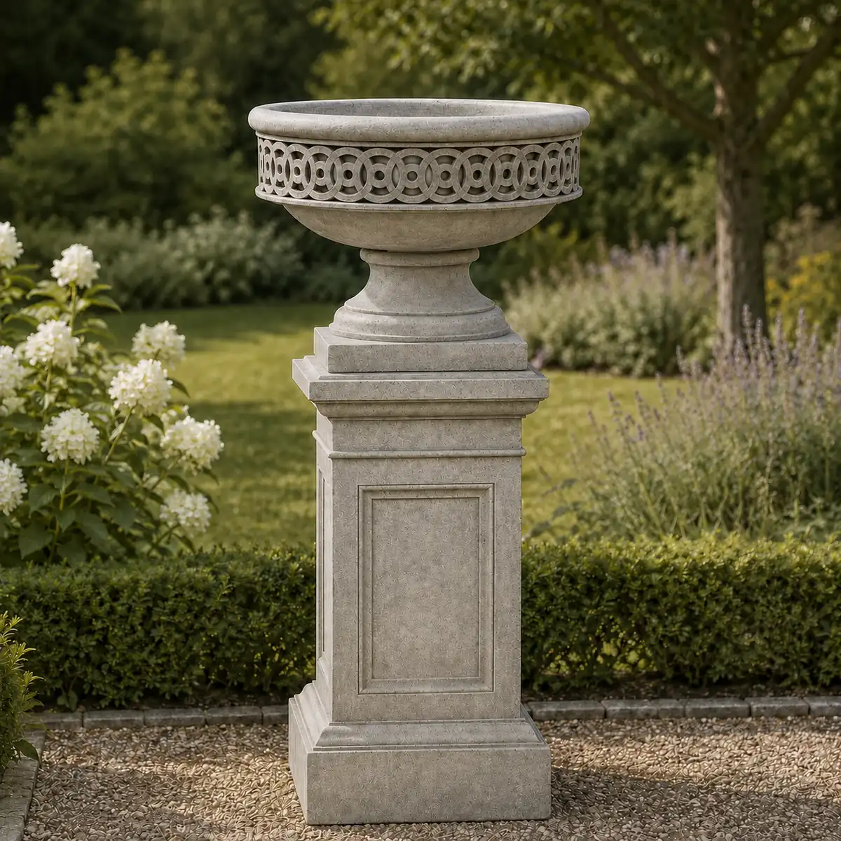 Williamsburg low fretwork cast stone urn with coachhouse pedestal