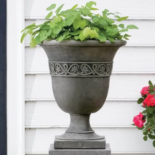 Williamsburg strapwork leaf cast stone urn planter in alpine stone